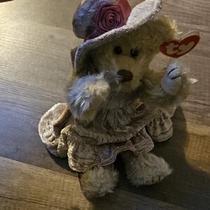 Ty Plush Bear with Elegant Hat and Pink Rose